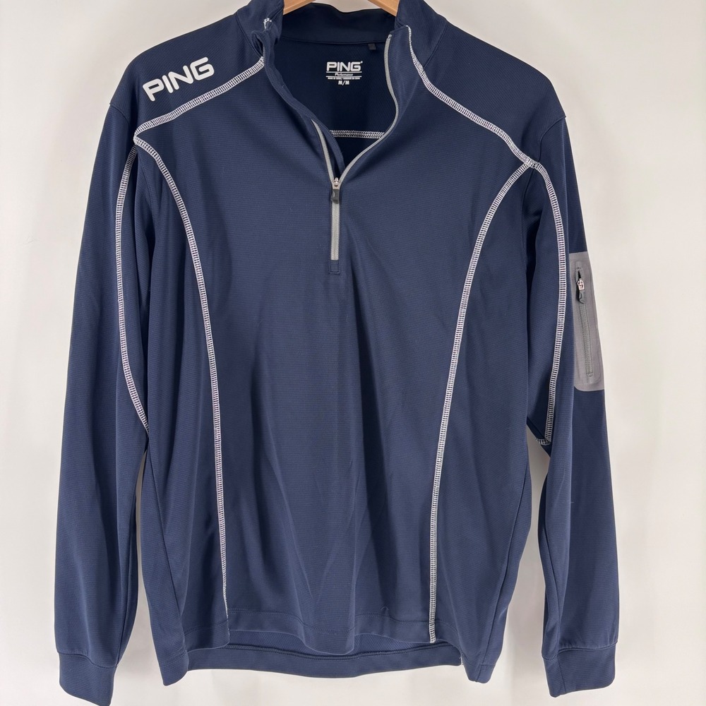 Ping 1/4 Zip Pullover Mens Medium Navy Blue Contrast Stitch Sleeve Pocket Golf‎